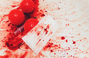 Splashes of blood dripping into the sink in the bathroom. red virus molecules syringe medical mask