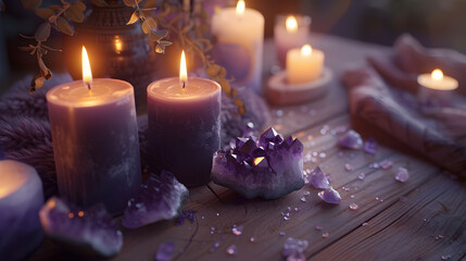 Photo of a cozy setting with lit candles and amethyst crystals on a wooden table