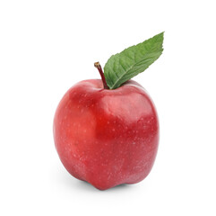 Fresh red apple with leaf on white background
