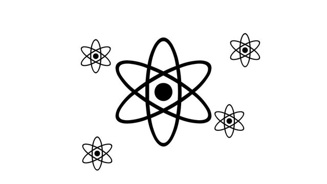 Zoom in and out animation the atomic symbol. Large black symbol in the center and four small symbols around. Seamless looped 4k animation on white background