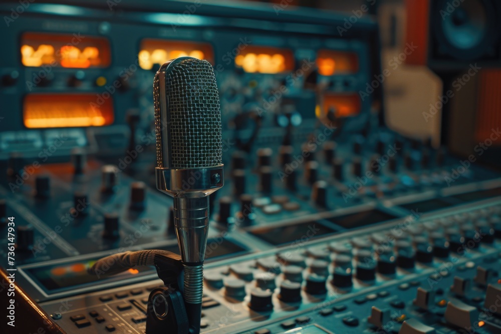 Poster a microphone sitting on top of a sound board. ideal for music production and audio recording project