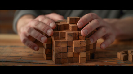 Close-Up Interaction with Cubic Blocks on a Wooden Table, Building Exercise or Cognitive Task, Stimulating Mental Exercise, Indoor Setting, Display of Dexterity in Manicured Hands