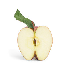 Half of fresh red apple with leaf on white background