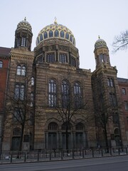 Fototapeta na wymiar Berlin, Germany - Jan 21, 2024: New Synagogue in Berlin. Cloudy winter day. Selective focus