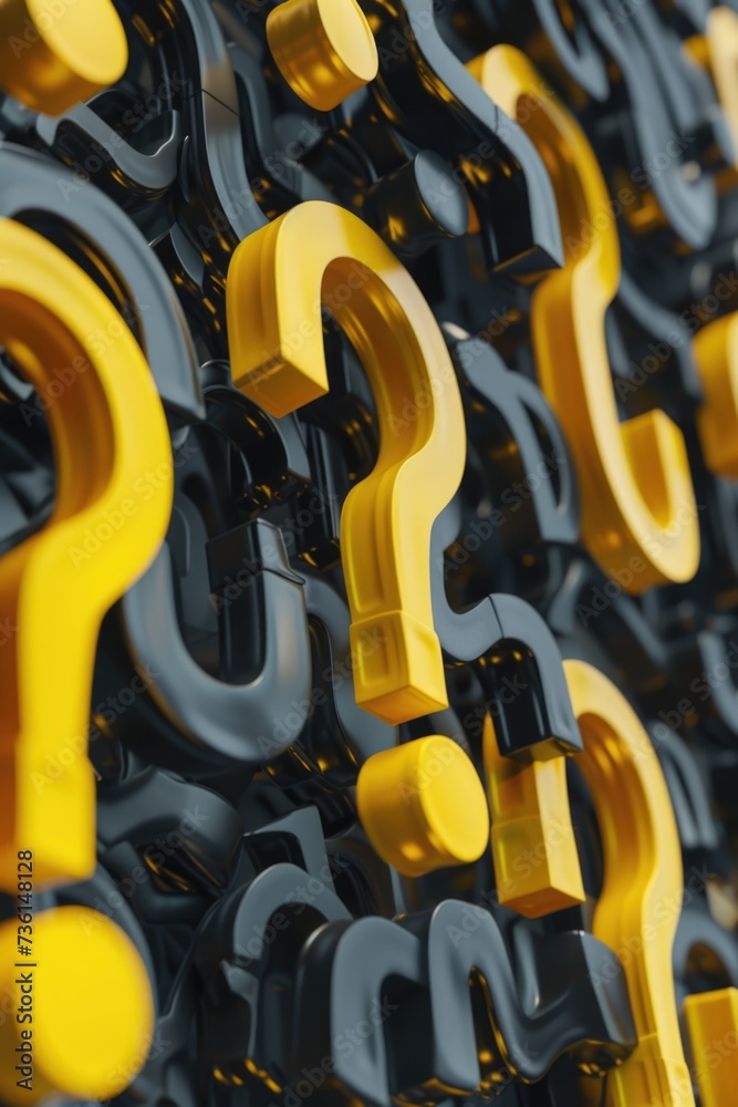 Poster a bunch of yellow and black question marks painted on a wall. suitable for various concept and myste