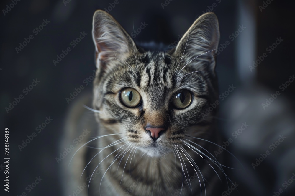 Poster a close-up photograph of a cat looking directly at the camera. perfect for animal lovers and pet-rel