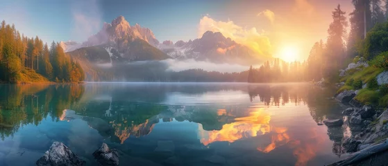 Papier Peint photo autocollant Alpes Calm morning view of Fusine lake. Colorful summer sunrise in Julian Alps with Mangart peak on background, Province of Udine, Italy, Europe. Beauty of nature concept background