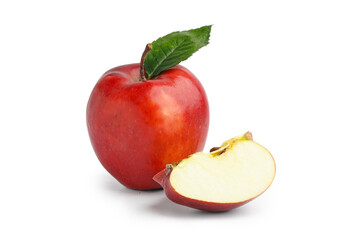 Fresh red apples with leaf on white background