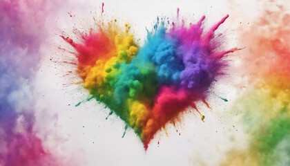 colorful rainbow holi paint color powder explosion heart shape white background scene