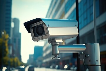 A camera mounted on the side of a street. Can be used for surveillance or monitoring purposes