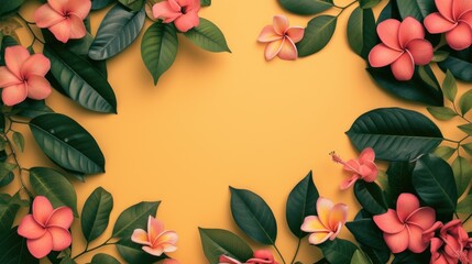 Fototapeta premium A vibrant yellow background with beautiful pink flowers and lush green leaves. Perfect for adding a pop of color and nature-inspired beauty to any project