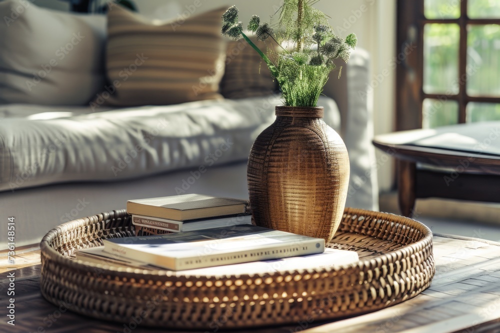 Poster A coffee table with books and a vase. This versatile image can be used for various themes and concepts