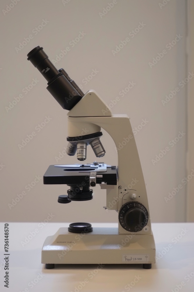 Poster a detailed close-up of a microscope placed on a table. ideal for scientific research and laboratory-