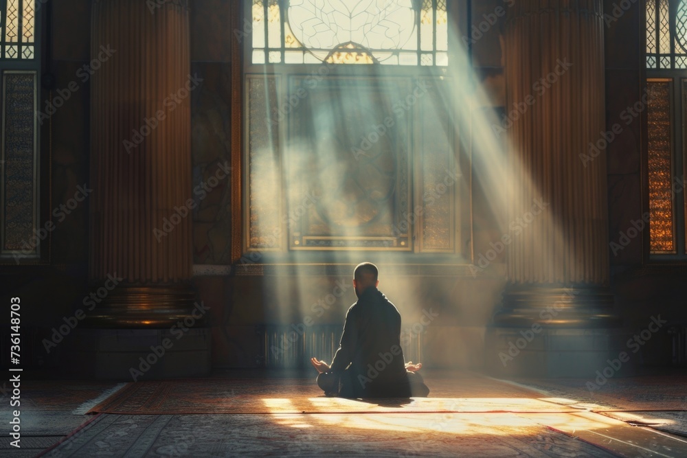 Poster a person sitting on the floor in a spacious room. suitable for various uses