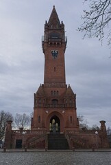 Berlin, Germany - Jan 22, 2024: Grunewald Tower in Berlin. Also know as Kaiser Wilhelm Tower. Cloudy winter day. Selective focus