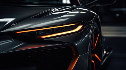 Close up photo of a corner front-end of a futuristic sports car, the car is dark grey, the led lights are burnt orange, the angles are sharp. the lights give off a glow. the image is cinematic, has lo - obrazy, fototapety, plakaty