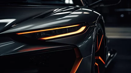 Deurstickers Close up photo of a corner front-end of a futuristic sports car, the car is dark grey, the led lights are burnt orange, the angles are sharp. the lights give off a glow. the image is cinematic, has lo © paisorn