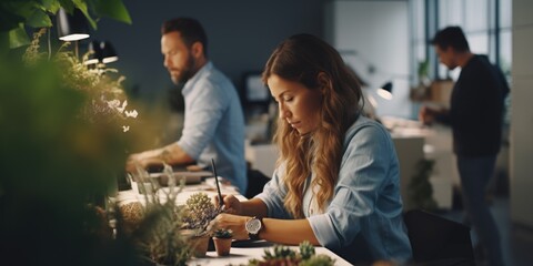 A group of people working on plants in a room. This image can be used to showcase teamwork and collaboration in a plant or gardening setting