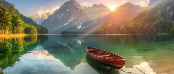 Tafelkleed Calm morning view of Fusine lake. Colorful summer sunrise in Julian Alps with Mangart peak on background, Province of Udine, Italy, Europe. Beauty of nature concept background © Artem