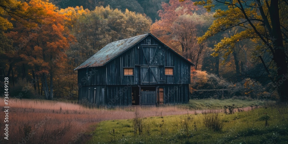 Poster a picturesque barn situated in a field with trees in the background. this image can be used to repre