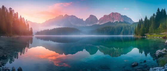 Calm morning view of Fusine lake. Colorful summer sunrise in Julian Alps with Mangart peak on background, Province of Udine, Italy, Europe. Beauty of nature concept background - obrazy, fototapety, plakaty