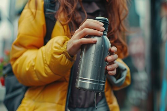 A woman is pictured holding a yellow jacket and a water bottle. This versatile image can be used in various contexts