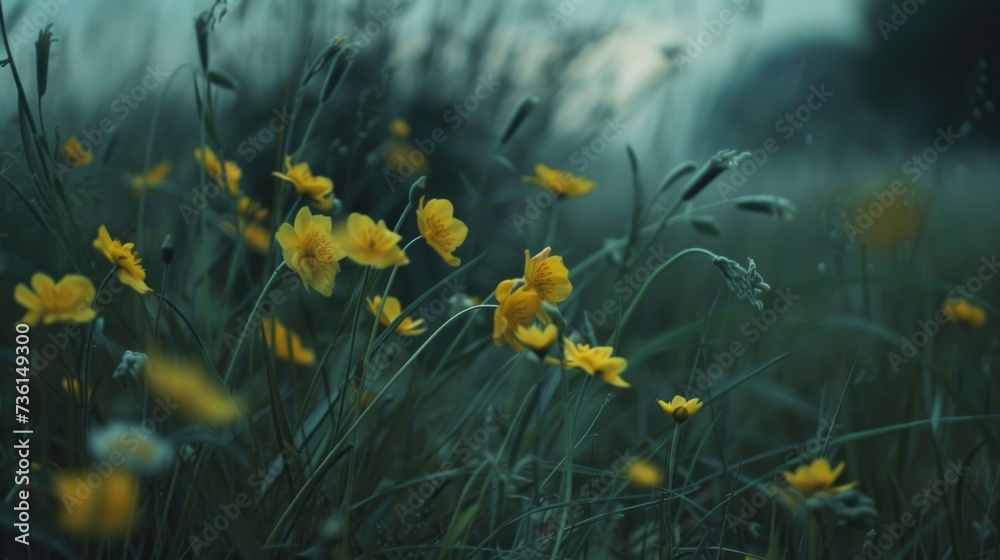 Poster A beautiful bunch of yellow flowers in a field. Perfect for adding a pop of color to any project