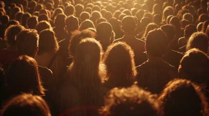 A crowd of people gathered in front of a bright light. This image can be used to represent unity, celebration, or a moment of awe