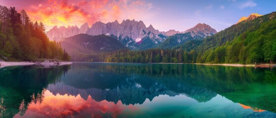 Calm morning view of Fusine lake. Colorful summer sunrise in Julian Alps with Mangart peak on background, Province of Udine, Italy, Europe. Beauty of nature concept background