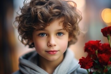 Naklejka premium A young boy holds a beautiful bouquet of red roses. Perfect for Valentine's Day or expressing love and affection