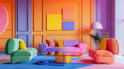 Photo of a vibrant interior with colorful furniture and abstract art