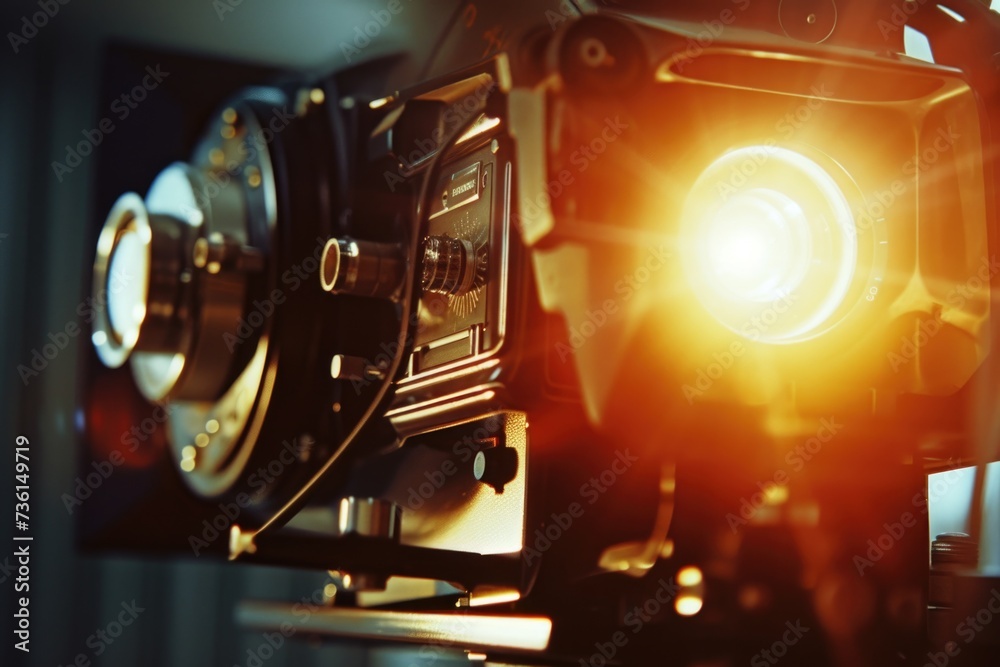 Poster A close-up view of a camera with a bright light. This versatile image can be used to represent photography, technology, creativity, or capturing memories.