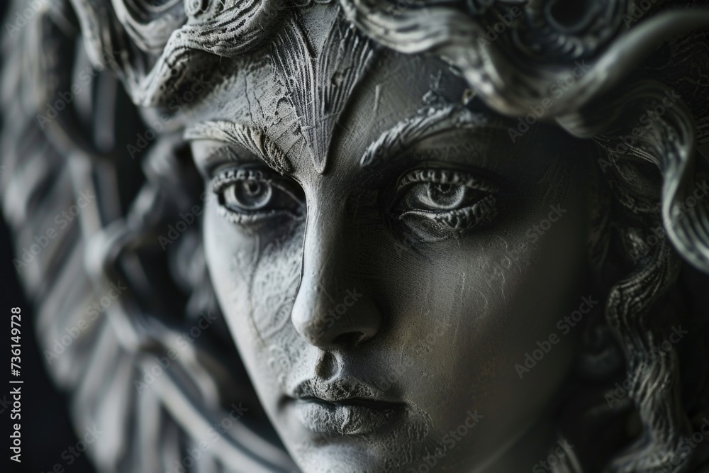 Poster A close-up view of a statue of a woman. Perfect for adding a touch of elegance and sophistication to any project