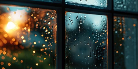 Rain drops on a window glass. Suitable for weather-related articles and blog posts - obrazy, fototapety, plakaty
