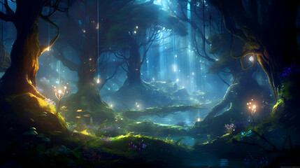 Fantasy forest with fog in the night. 3D illustration.