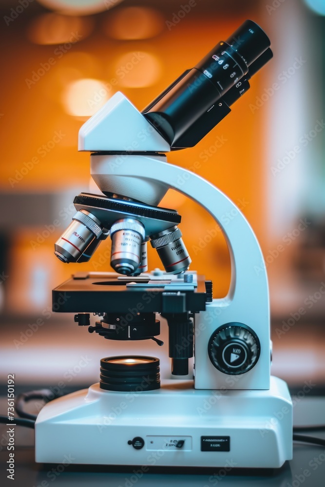 Poster A close-up view of a microscope placed on a table. This image can be used for scientific research, education, or laboratory-related concepts