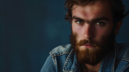 Obraz premium Portrait of a young man with a beard wearing a denim jacket