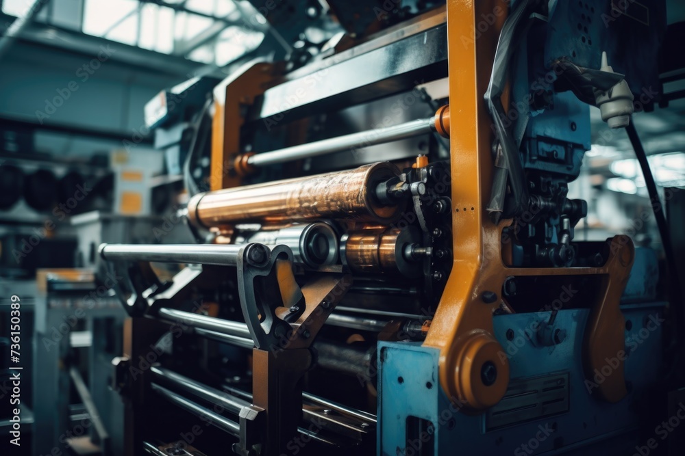Poster a detailed view of a machine in a factory. suitable for industrial and manufacturing concepts