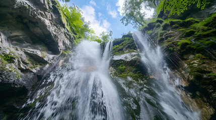 Majestic Waterfall View: Captivating Low Angle Shot from Below for Nature Enthusiasts
