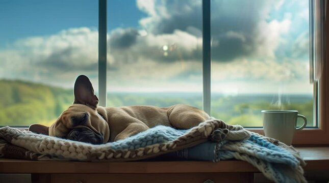 Dog Sleeping by Apartment Window Seamless looping 4k time-lapse virtual video animation background. Generated AI