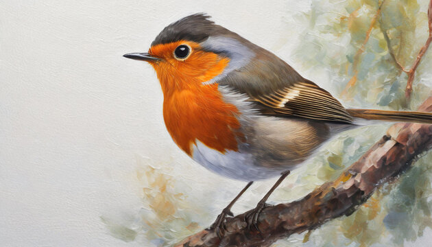 Oil painting of a robin head on pure white background canvas, copyspace on a side