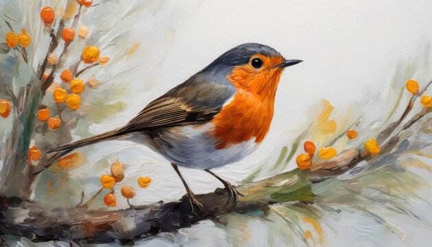 Oil painting of a robin head on pure white background canvas, copyspace on a side