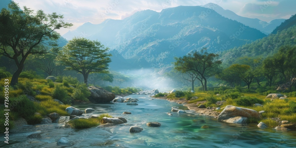 Poster a serene painting of a river flowing through a vibrant green forest. perfect for nature enthusiasts 