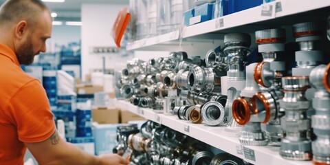 A man in an orange shirt is examining a shelf filled with various valves. This image can be used to illustrate industrial processes or showcase a technician at work - obrazy, fototapety, plakaty