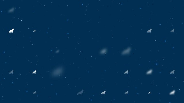 Template animation of evenly spaced wolf symbols of different sizes and opacity. Animation of transparency and size. Seamless looped 4k animation on dark blue background with stars