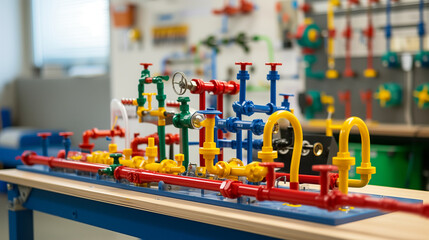 Educational Industrial Setup Displaying Colorful Plumbing and Process Piping on Workbench for Technical Training Purposes - Valves, Red, Green, Yellow, and Blue Pipes Used for Line Identification and 