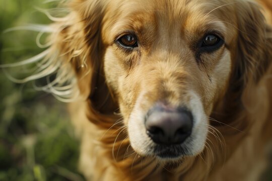A close-up view of a dog's face with a blurred background. This image can be used to capture the emotions and expressions of a dog