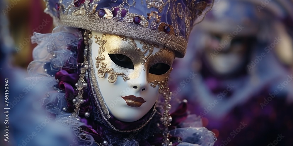 Poster A close-up shot of a person wearing a mask. This image can be used in various contexts and scenarios