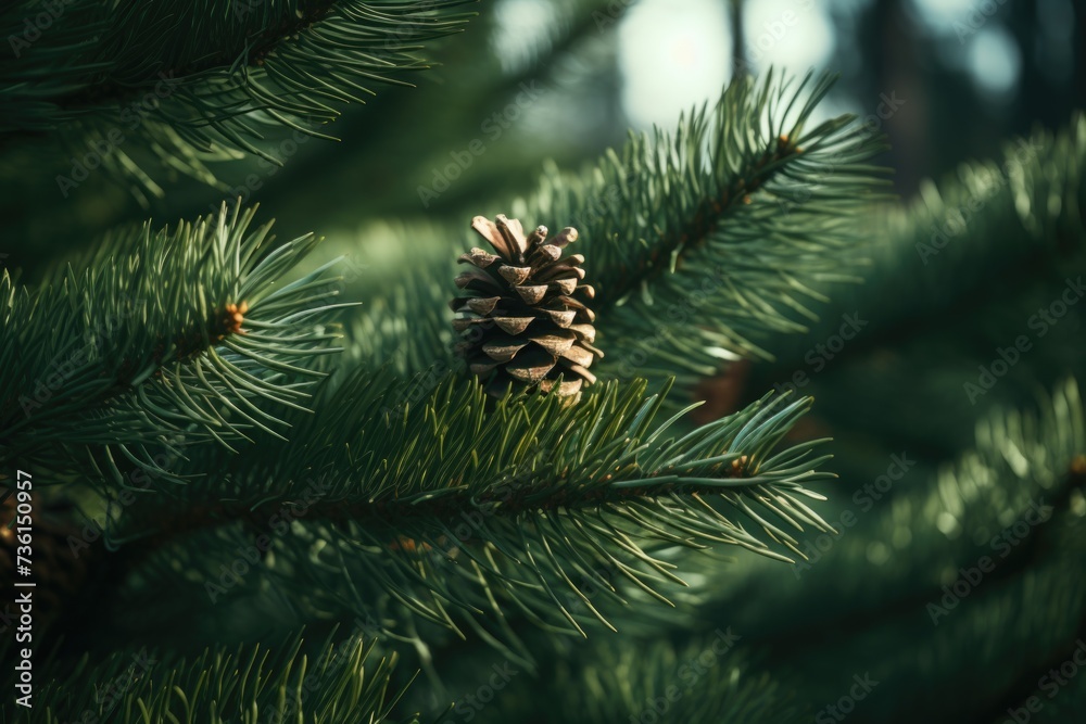 Poster a close up view of a pine cone on a tree. this image can be used to represent nature, forestry, or o