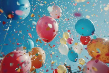 Colorful balloons floating in the air, perfect for celebrations and joyous occasions. Ideal for party invitations or festive decorations